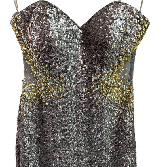 La Femme 4 Sequin Rhinsetone Strapless Gown Dress Silver Gold Old Money Sheer - Picture 9 of 15